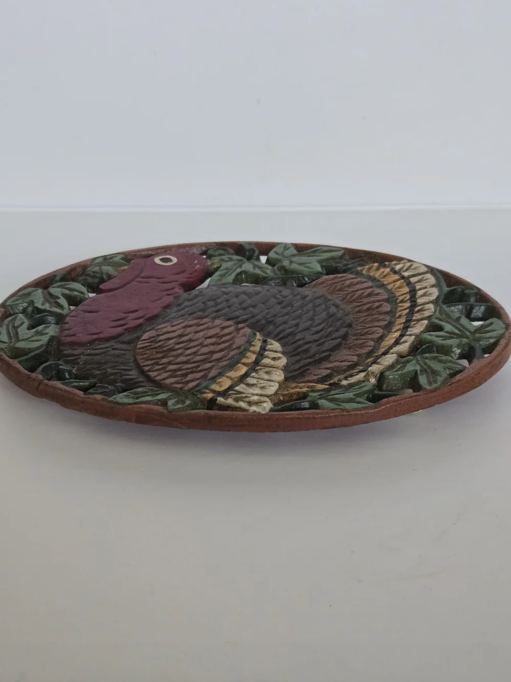 Vintage Painted Cast Iron Turkey Trivet Wall Plaque - Brown, Red, Green, Gold